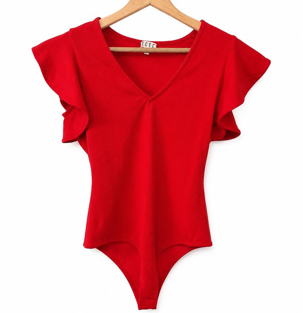 TCEC Women's Red Flutter Sleeve Bodysuit V Neck Romantic Feminine Top, M